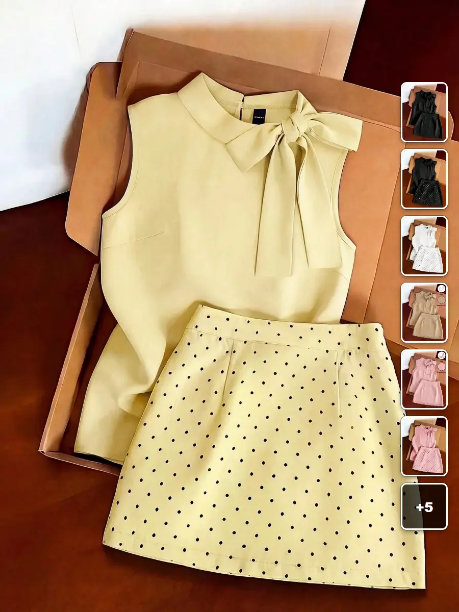 Mini Skirt Set Polka Dot Sleeveless Bow Top Elegant Summer Work Outfit