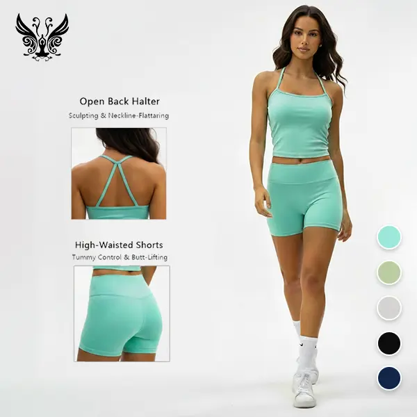 Women's 2-Piece Workout Set, YIZHEN Crisscross Back Halter Tank & High-Waisted Tummy Control Biker Shorts with Butt Lifting, Gym Sets for Women, Ideal for Gym & Casual Use, 2 Piece Sets