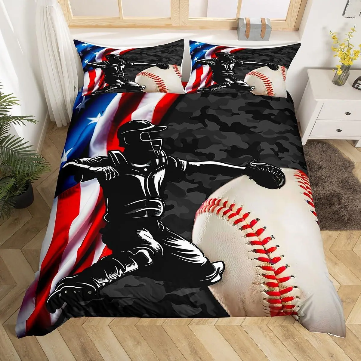 Baseball Duvet Cover for Kids Teens Boys Home Room Decor,American Flag Camo Bedding Set,Ball Sports Gaming Comforter Cover Black Athlete Silhouette Quilt Cover