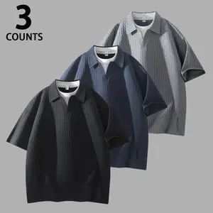3 Counts Men's Jacquard Diamond Embossed Textured Polo T-Shirts, Ultra Soft Breathable Knit Fabric Collared Notch Neck Oversized Loose Fit Streetwear Tops, Wrinkle-Resistant Quick Dry Tees for Daily Wear, Urban Outings & Casual Office, Plus Size S-3XL