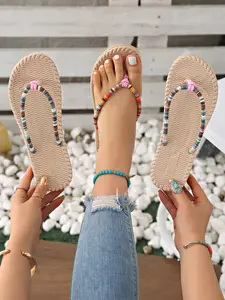 Women's Rainbow Beaded Sandals Soft Sole Anti-Slip Comfortable Casual Shoes for Traveling Outdoors, Textile Upper Rubber Sole