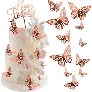 24 count 3D Butterfly Cake Decorations with 1 count Happy Birthday Sign for Party Bouquet  Cake Decoration (Rose )