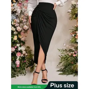 ��Plus Size��Solid Color Asymmetrical Hem Skirt, Elegant Fashion Casual Midi Skirt for Daily Outdoor Wear, Women Plus Clothing for All Season, Asymmetric Ruched Skirt