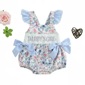 Baby Girls Easter Romper Dress  Plaid Bows Smocked Flying Sleeve Newborn Jumpsuit Baby Girls Romper, Fly Sleeve Flower Print Embroidery Letters Bow Infant Bodysuit Summer Clothes