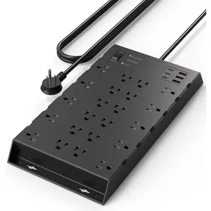 22 Outlets & 6 USB Big Power Strip,  Surge Protector with 3USB C & 3USB A  Ports, 6.5ft Flat Plug Heavy Duty Extension Cord(1875W/15A),2100J, 14AWG,Wall Mountable for Garden,Shed, Black