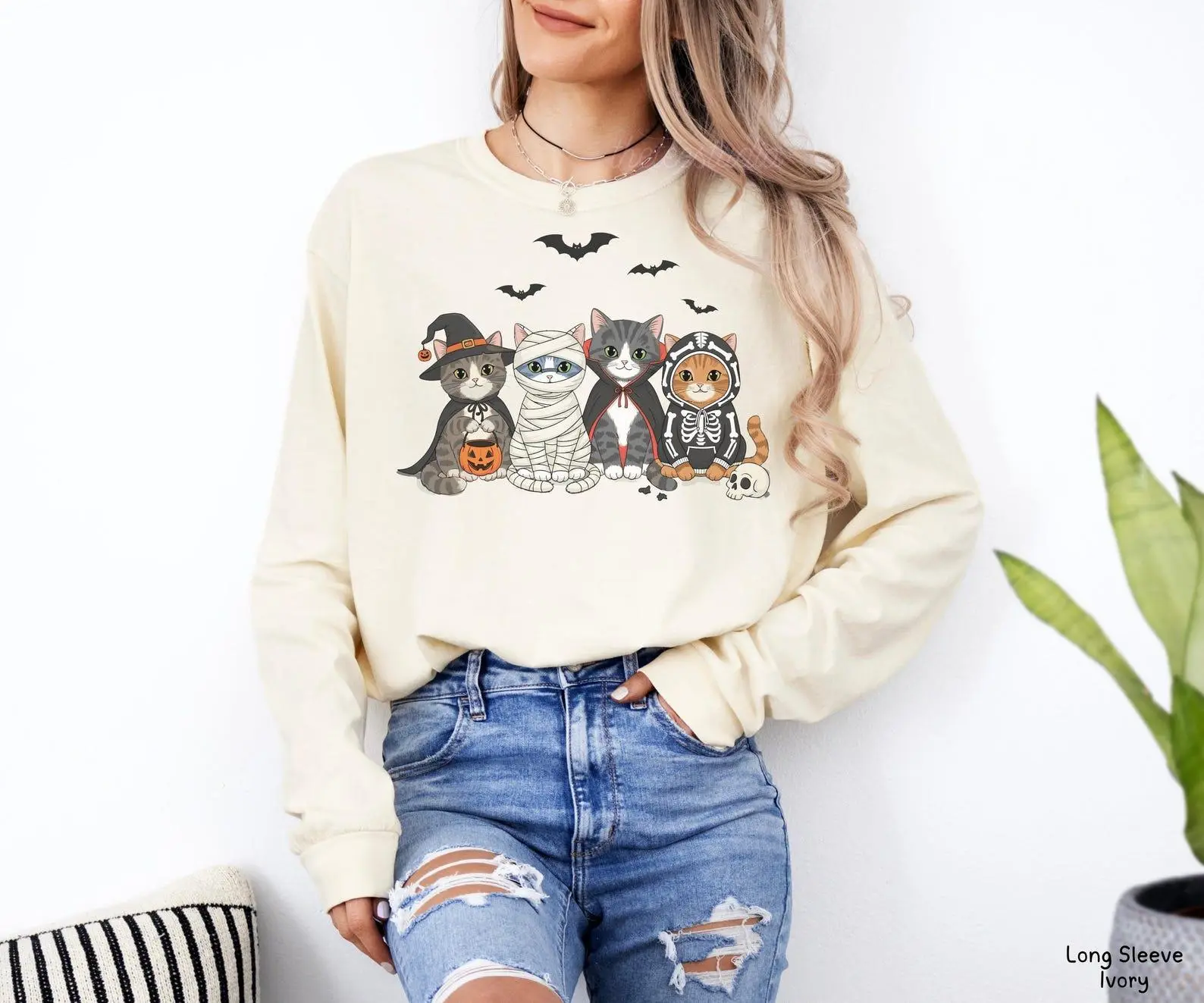 Halloween Cat Long Sleeve Sweatshirt, Cute Costume Cat Graphic Tee, Spooky Season Feline Shirt, Funny Halloween Pet Lover Gift