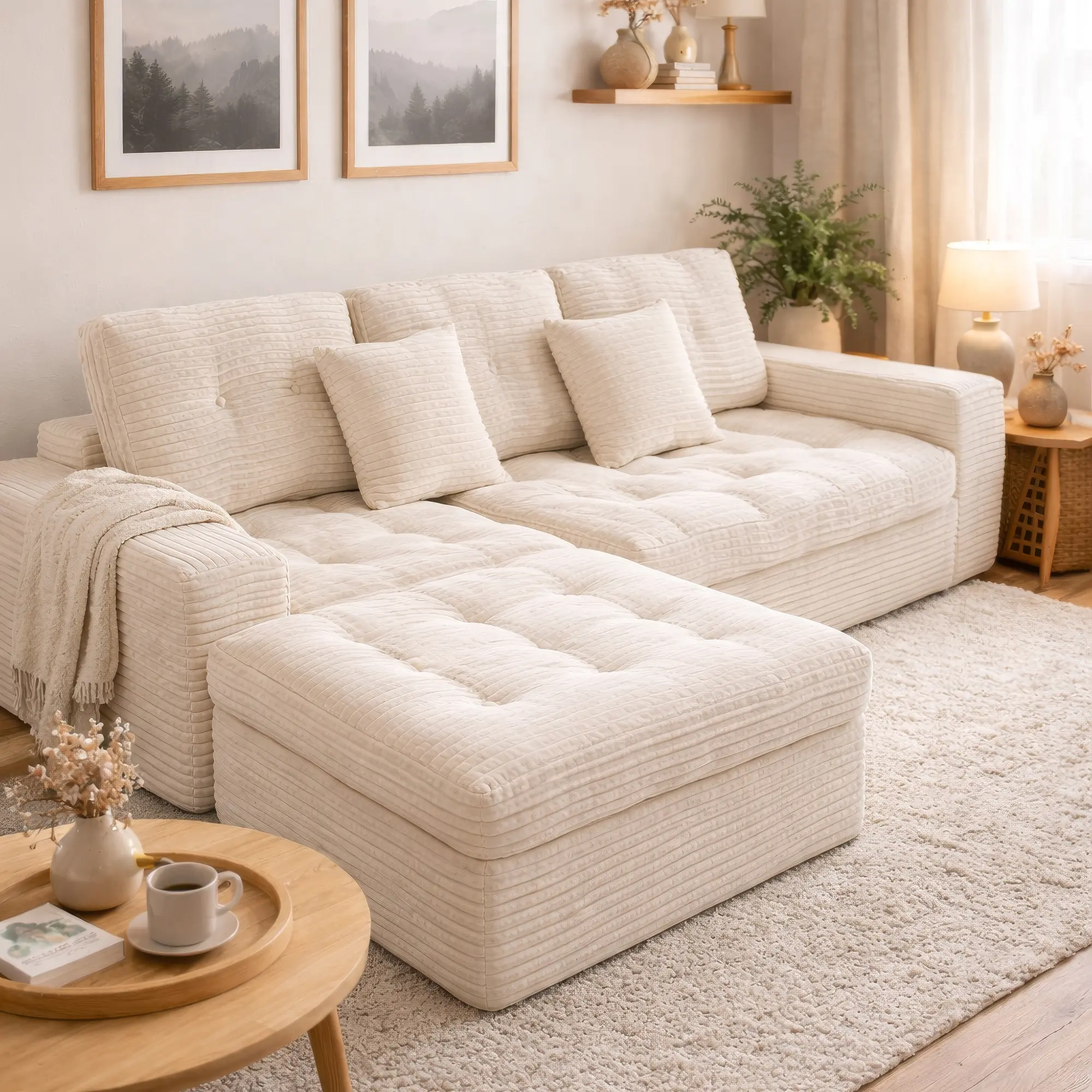 105x65.6x24 In Oversized Modern Modular Cloud Sofa Set with Ottoman, Family-Friendly 3-4 People Multiple Seats Sturdy DIY Sectional Couch, Pure Foam Faux Rabbit Fur Velvet Upholstery Living Room Furniture