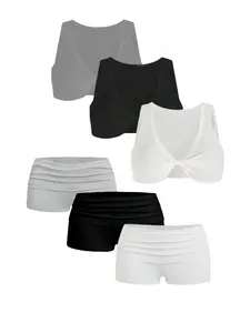 Women's Solid Ribbed Crop Tank Top & Fold Over Waist Shorts Set, Casual Sleeveless Top & Skinny Shorts, Ladies Summer Clothes