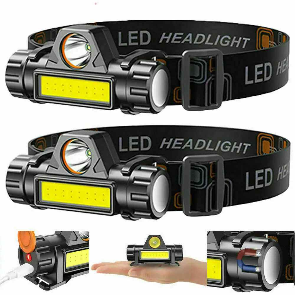 Rechargeable Forehead Head Light - Night Walking Construction Headlamp USB 2000 Lumens Waterproof LED Lights Rotation Adjustment Modes