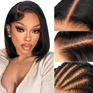 Glueless Ready to Go Bob Wig Human Hair, Short Straight 5x5 HD Lace Closure Wigs, Unprocessed Virgin Human Hair, Pre Plucked Bleached Knots Natural Black