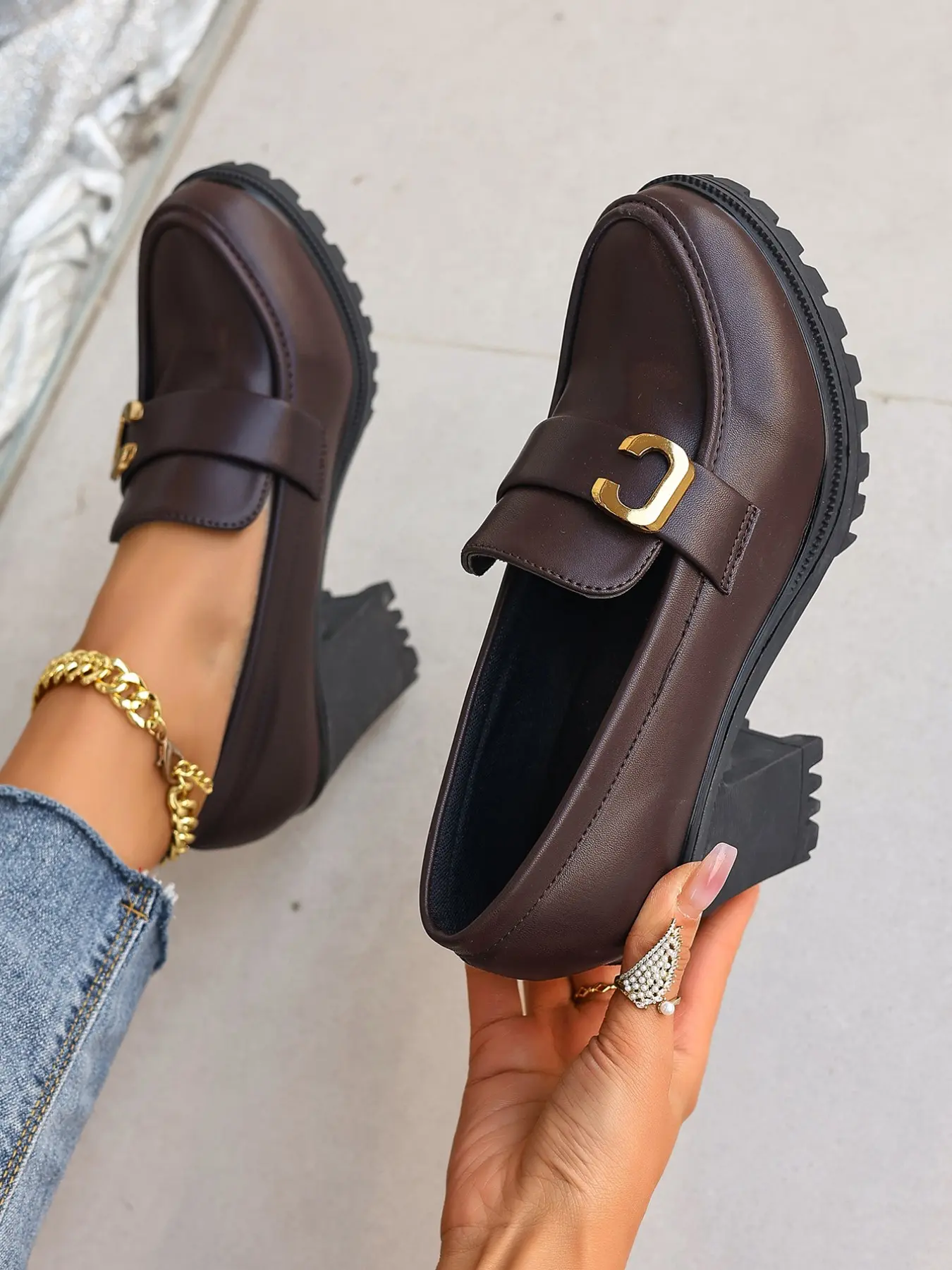 New Women's Chunky Heel Loafers with Metal Buckle, Rubber, Versatile Fashion Comfortable All-Day Wear, Everyday Wear Footwear, Suitable for All, Commuter Shoes, Footwear