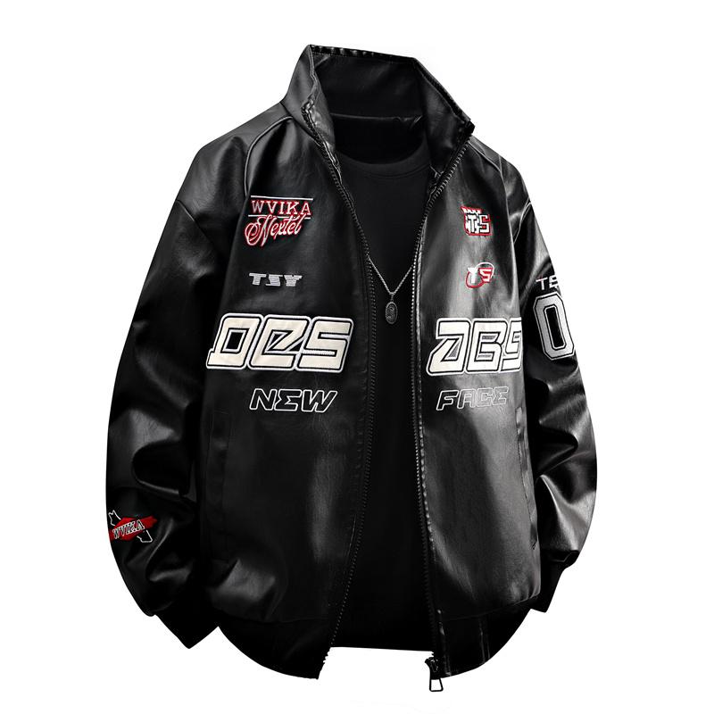 Men's White Racing Style Graphic Jacket, Stand Collar Streetwear Casual Zip-Up Outerwear