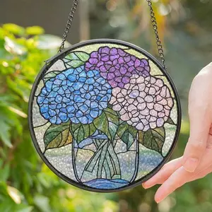 Stained Glass Hydrangea Suncatcher, Hydrangea Glass Windows Hanging, Blue Hydrangea Flowers Suncatcher, Hydrangea Blooms Decor TD-0219-IEZ8