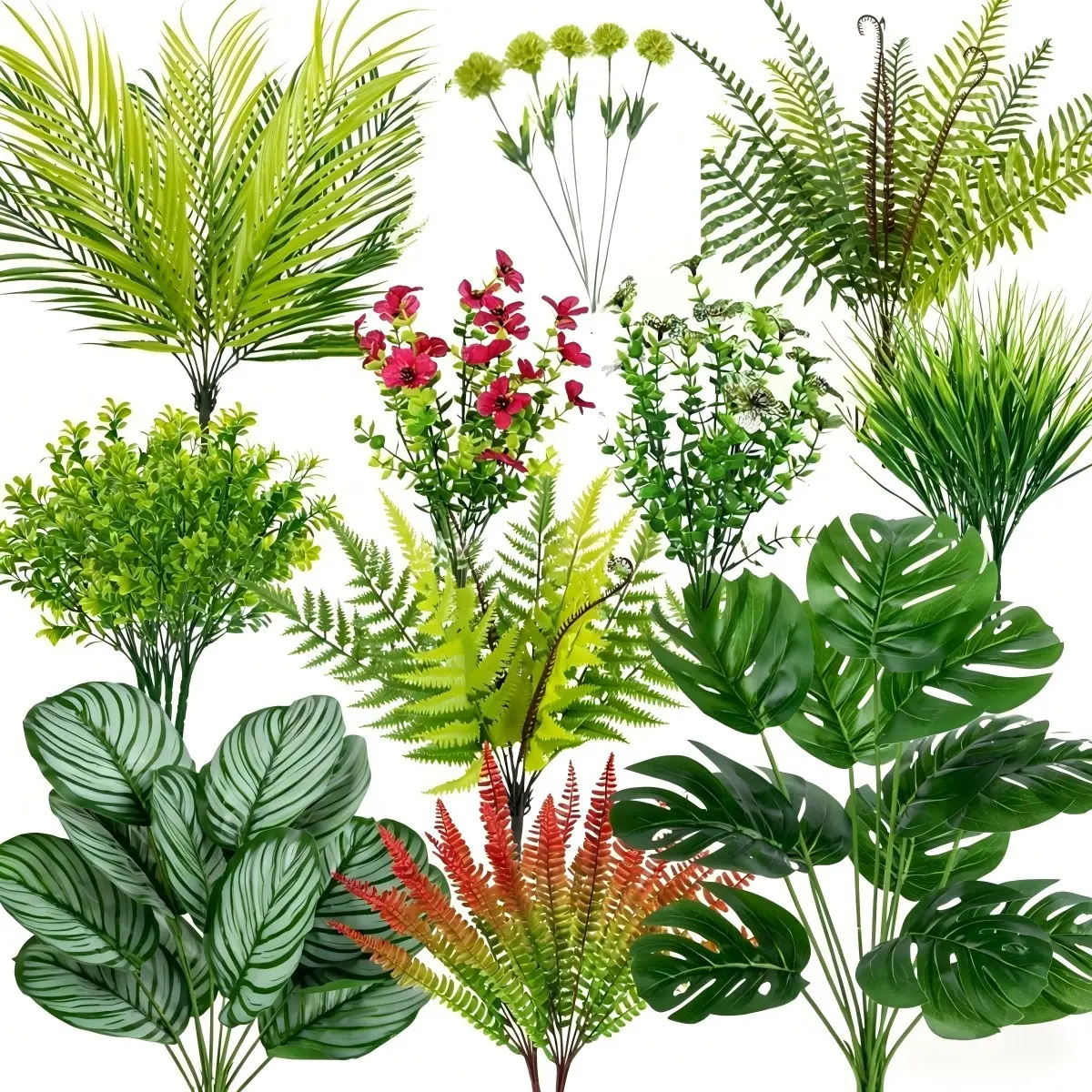 20Pcs UV Resistant Decorative Artificial Plants Set, Artificial Floral Plant, Fake Greenery Stems with Flowers, Faux Tropical Palm, Monstera, Fern, Grass Picks for Outdoor Patio Porch Window Box Home Garden Planter Arrangement Decor