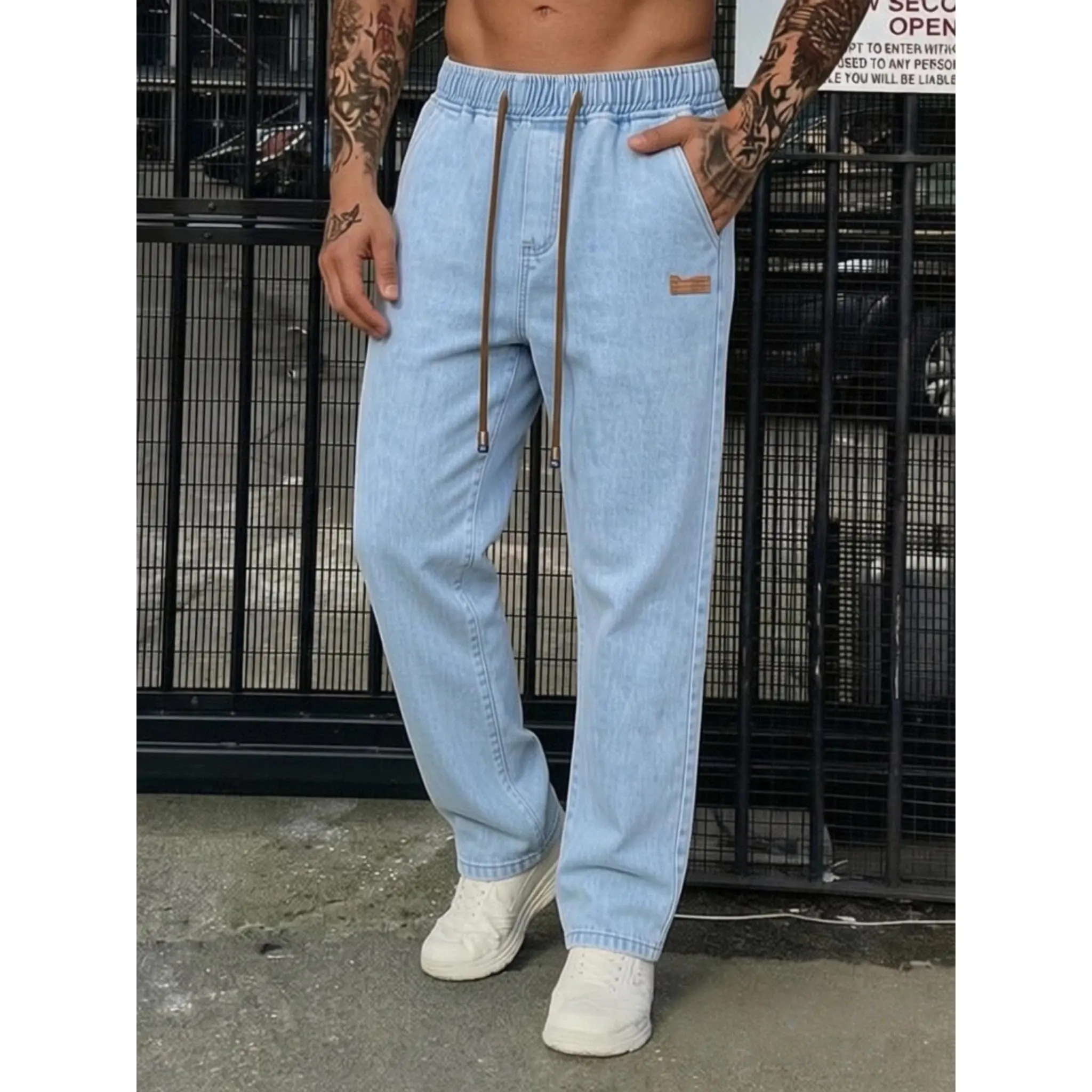 Men's Water Wash Loose, Drawstring Elastic Waist Straight Leg Jeans, Menswear, High Street Casual Long Pants, Streetwear Casual Bottom, suitable for daily/street/sportswear, four-season wear, ideal gift for husbands
