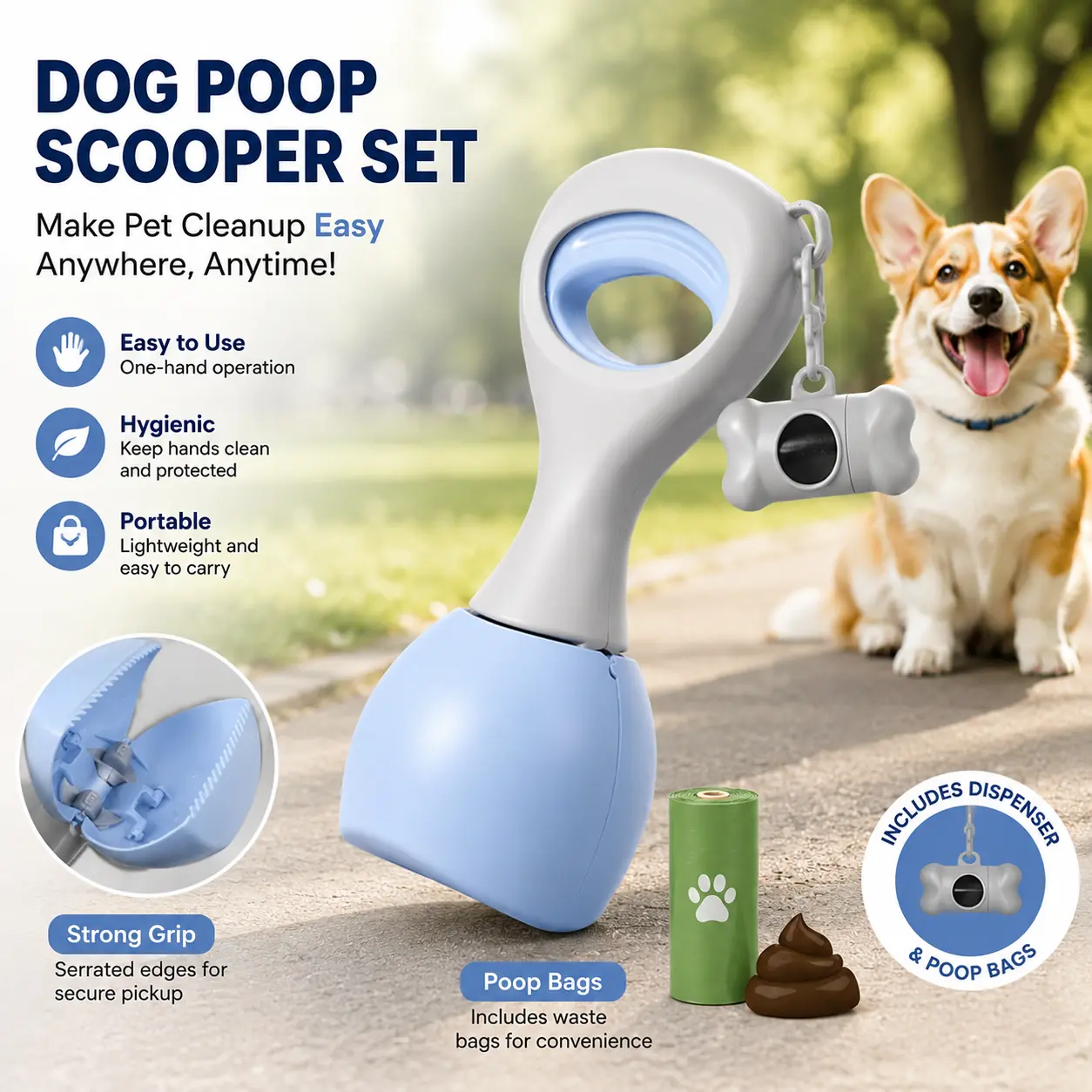 Portable Dog Poop Scooper - High-Grade ABS, Non-Stick Surface, Durable, Large Opening, 1-Hand Use, Clip-On Design, Includes Dispenser and Waste Bags, Multi-Pack, 15 Biodegradable Bags, Effortless Eco-Friendly Disposal, Easy Cleaning for Outdoor Walking, 1