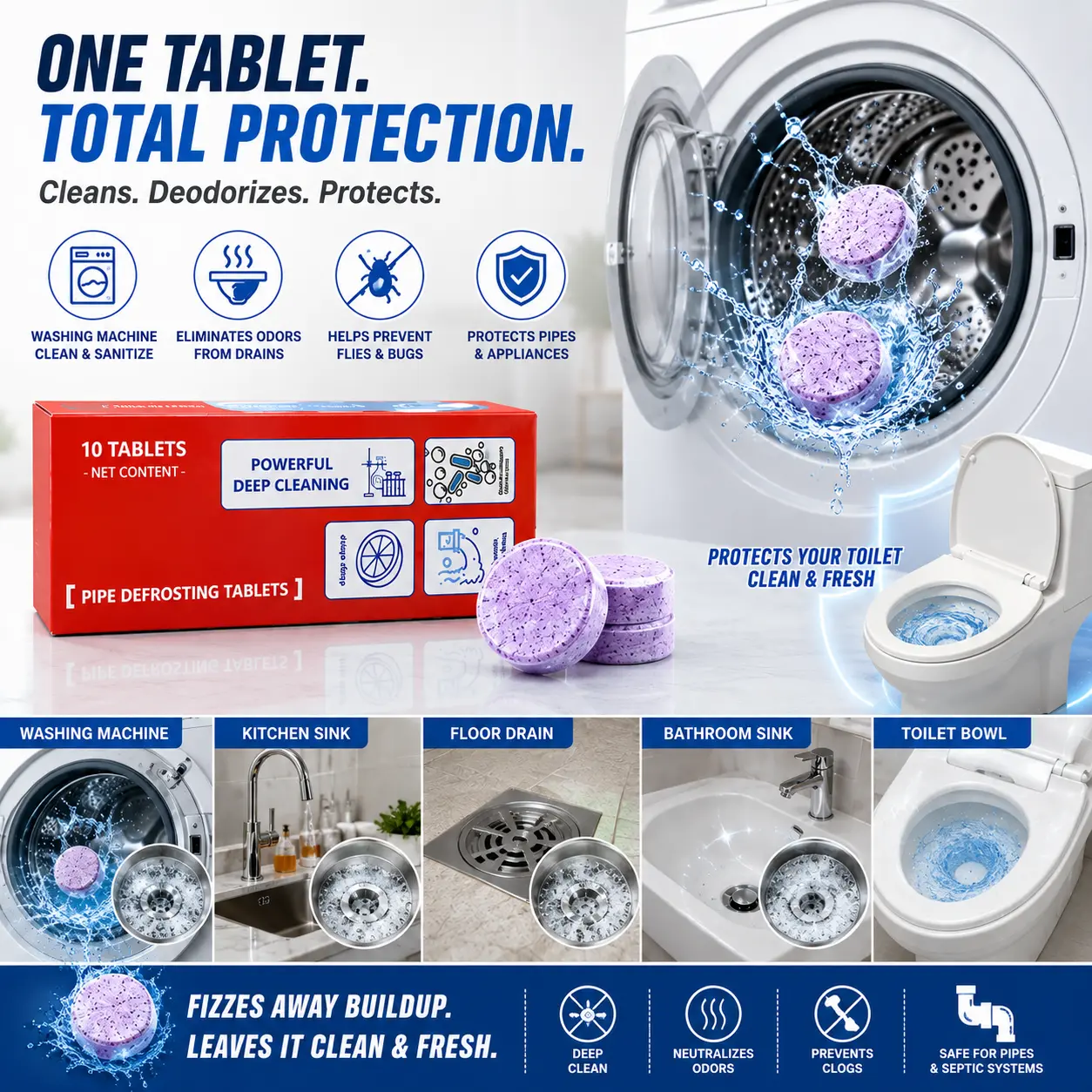 Eco‑Friendly Washing Machine Sanitizer Cleaning Tablets, Dissolvable Deep Cleaner for Dirt & Pet Hair, Remove Sewer Odor, Repel Drain Flies for Drains & Washer - 3-Day Limited Free Gifts