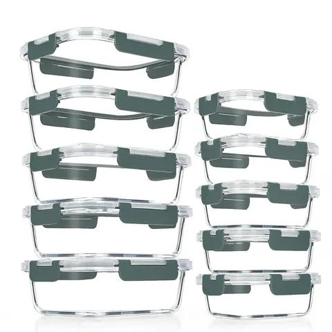 10-Pack Airtight BPA-Free Stackable Glass Meal Prep Containers with Snap Locking Dual Function Lids for Lunch & Kitchen Organization (Home Supplies Food Storage Boxes), Snap Locking Lids