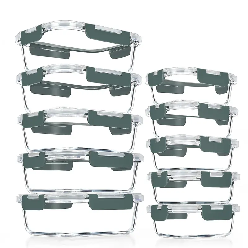 10-Pack Airtight BPA-Free Stackable Glass Meal Prep Containers with Snap Locking Dual Function Lids for Lunch & Kitchen Organization (Home Supplies Food Storage Boxes), Snap Locking Lids