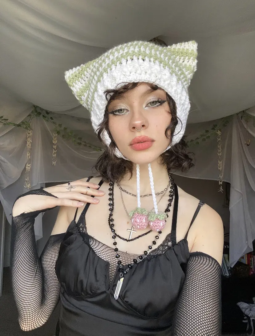 Crochet striped berry cat ear hat with earflaps