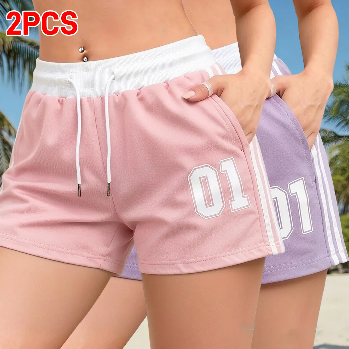2-pack women’s casual shorts, soft and breathable, with numeric print on the fabric; suitable for everyday wear, sports/fitness, and running workouts. Stylish summer women’s shorts. women