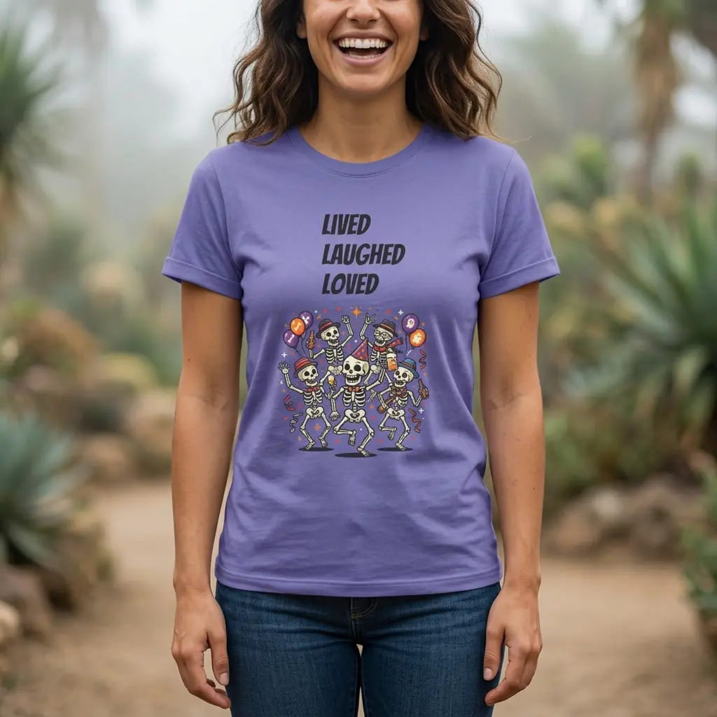 Lived Laughed Loved skeleton dance T-Shirt | Halloween party tombstone art