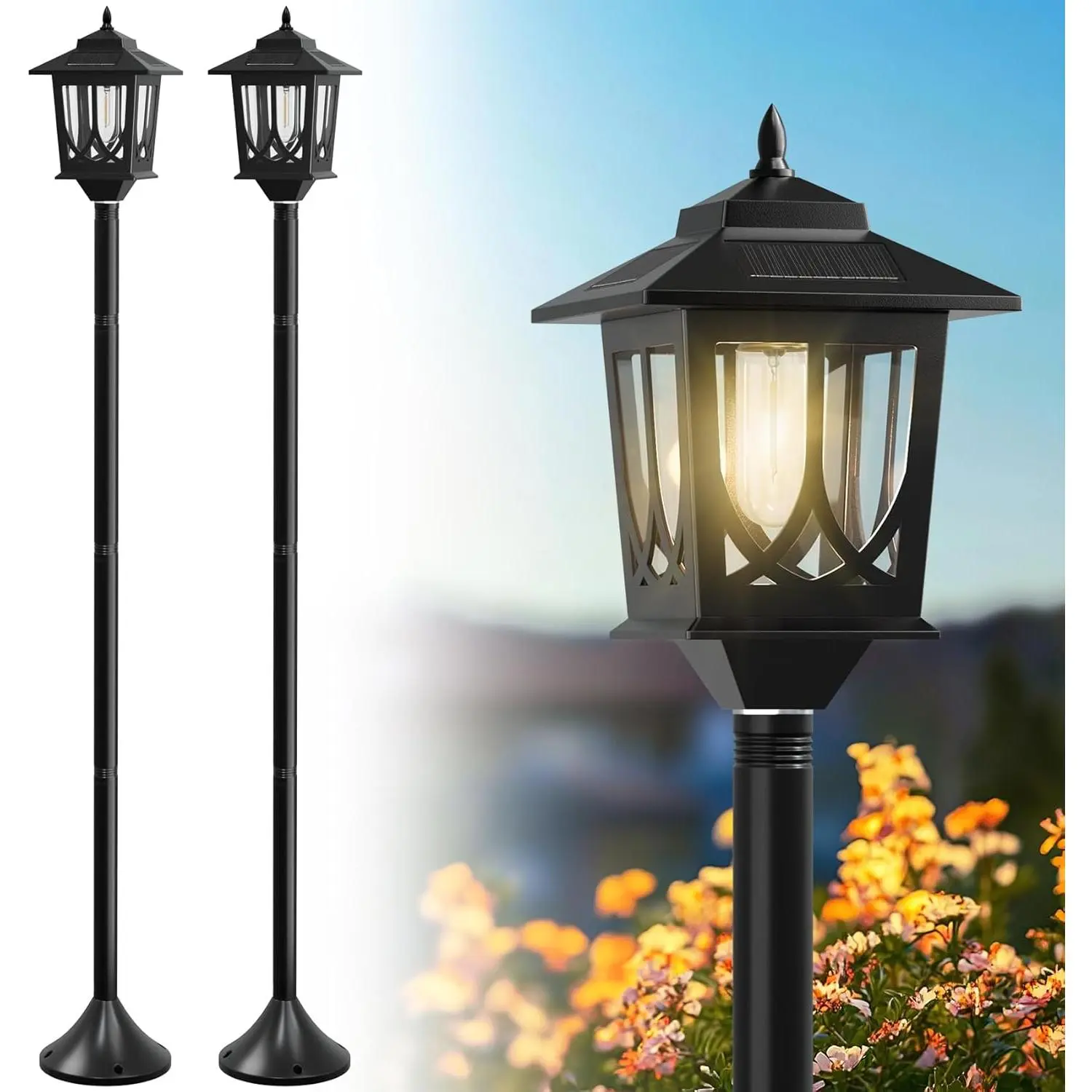 63" Solar Lamp  Light 2 Pack, Solar Light Posts for Outside , Outdoor Lamps for Patio, Backyard, Front Porch Decor, Warm White, Replaceable Bulb