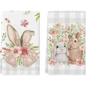 2-Piece Rabbit Ears Floral Print Kitchen Towels Absorbent, 16x24 Inch Reusable Dish Cloths, Home Cooking & Bathroom Decor Gifts