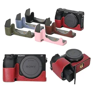 Litchi Pattern PU Leather Camera Half Case for Sony A6300 A6400 A6000 A6100 Bottom Opening Magnetic Cover With Strap