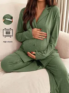 Maternity Pajama Set - Long Sleeve Solid Sleepwear & Loungewear 2-Piece
