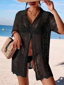 Hollow Out Button Front Kimono | Lightweight Summer Beach Cover-Up & Beachwear Wrap