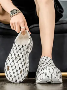 Women's White "B" Monogram Clogs: Breathable Hollow + Thick Height-Increasing, Daily Outdoor Slides