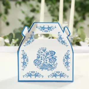 25 Pack Party Favor Tote Gable Boxes in White Royal Blue Damask Floral Pattern, Candy Treat Gift Boxes - 6"x3.5"x7"