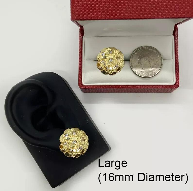 14K Gold Plated Brass Golden Nugget Cookie Stud Earrings with Cubic Zirconia Unisex 4 Sizes 12mm 14mm 16mm 20mm High Quality Polished