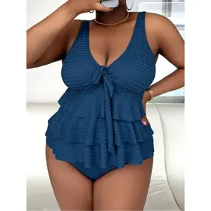 Size up texture layered pleated Tankini set, casual lace up front vest and underwear swimsuit set, 2025 swimming swimsuit, summer roll over swimsuit, Tankini underwear setRAIMENTRY