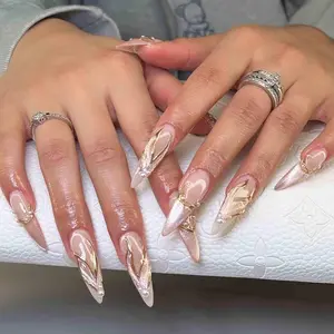 Alice WonderNails – Nude Gold Press On Nails with 3D Leaf Tips, Pearl & Metallic Shine, Handmade Bridal Nail Art for Glam Event Nails – AW502
