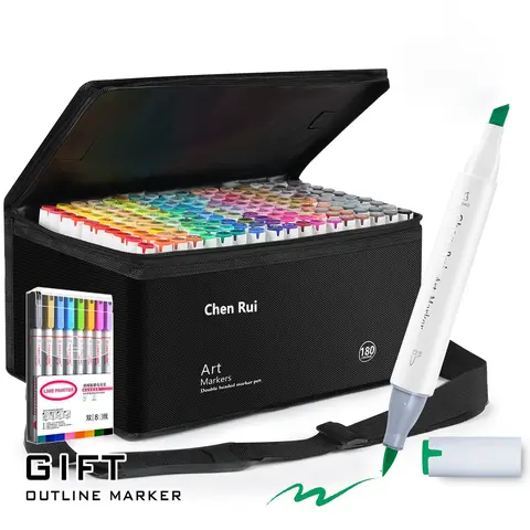 Chen Rui 48-180 Colors Double-Headed Brushes & Chisels Professional Permanent Art Markers With Outline Pens and Bases, Drawing Supplies, Adult Coloring Books, Sketch Illustrations, School Supplies Halloween, Christmas And New Year Gifts, Art Marker Set