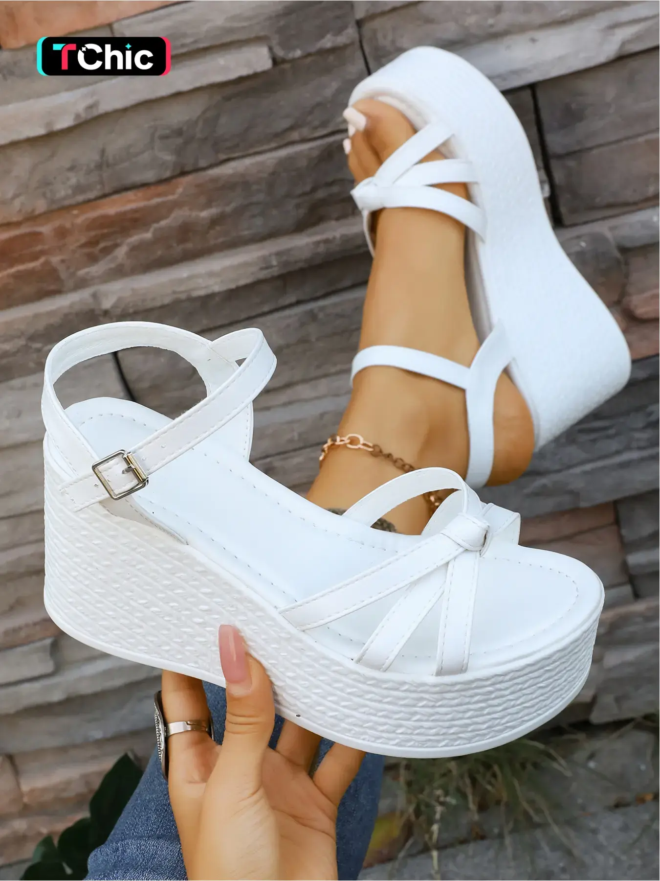 Buckle Ankle Strap Summer Wedge Heel High Heels Sandals, Open Toe Chunky Platform Women Shoes, Perfect for Bachelorette, BBQ, Holiday Trip & Casual Wear