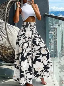 Boho Print Pleated High-Waisted Elastic Wide Leg Pants, Flowy Long Pants for Summer Beach Vacation, Women's Fashionable Lounge Wear