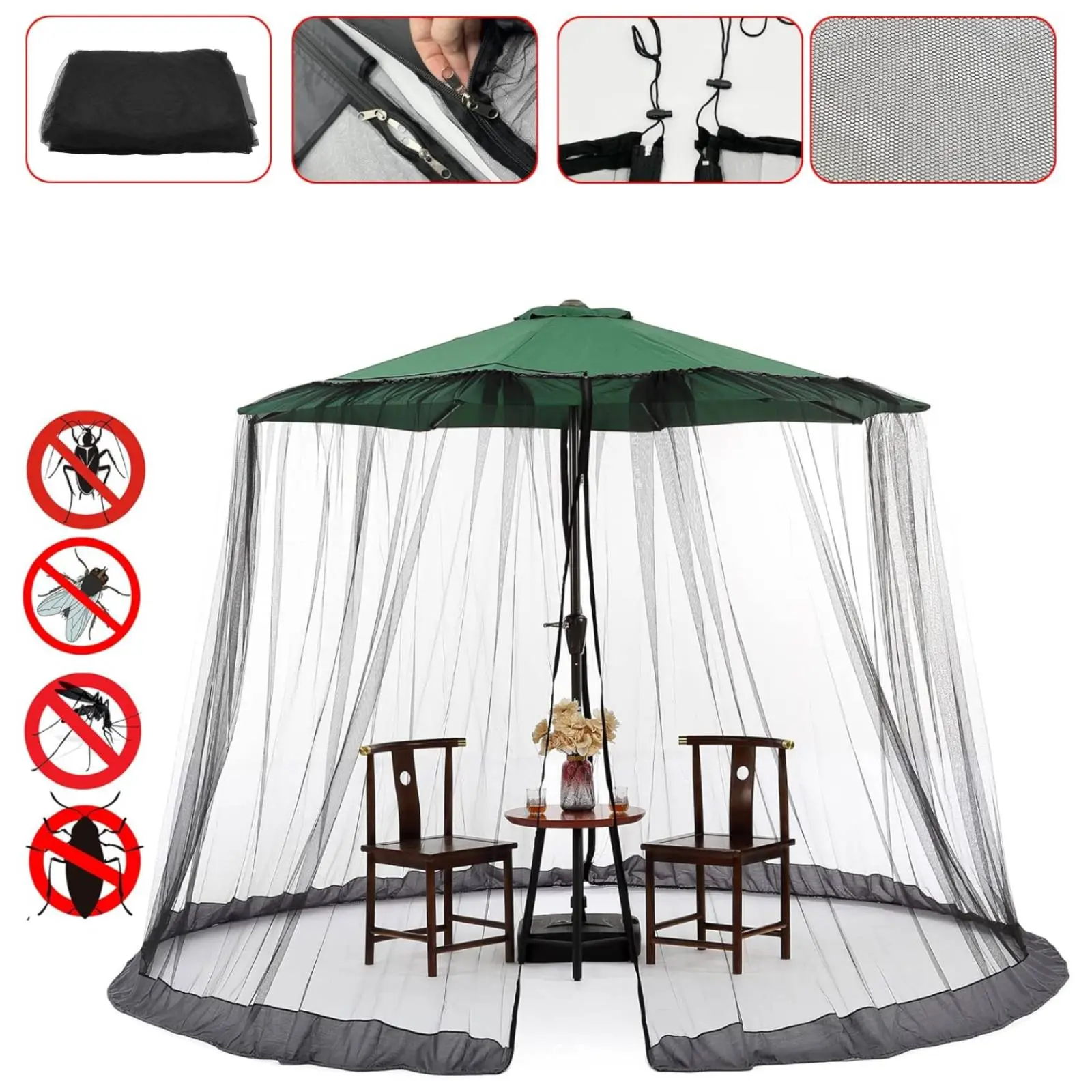 Patio Umbrella Cover - Basic, User-Friendly Polyester Mesh Canopy Netting, 230cm Height UV Prevention Lightweight Vertical Feel Screen with Zippers for 250-300cm Outdoor Patio Use, Vented