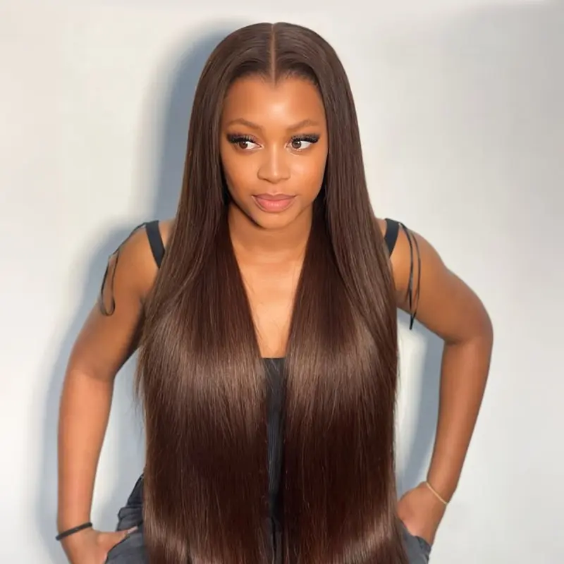 Wiggins Hair Lagos Hairline Chocolate Brown Straight Wig Widow's Peak Wig Pre Cut 13x6 Lace Ready To Go Straight Wig Human Hair Pre Plucked Glueless Drawstring Wigs