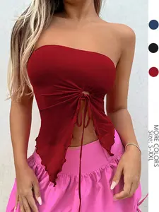 Women's Solid Color Drawstring Split Hem Tube Top, Casual Asymmetrical Hem Top for Summer, Ladies Clothes for Daily Wear