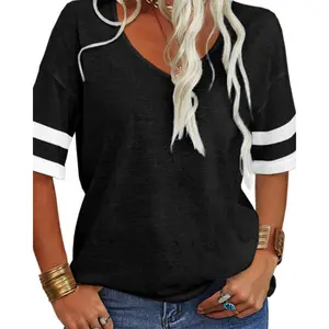 Women Fashion V-Neck Half Sleeves Oversized T Shirt Solid Casual Loose Basic Tops