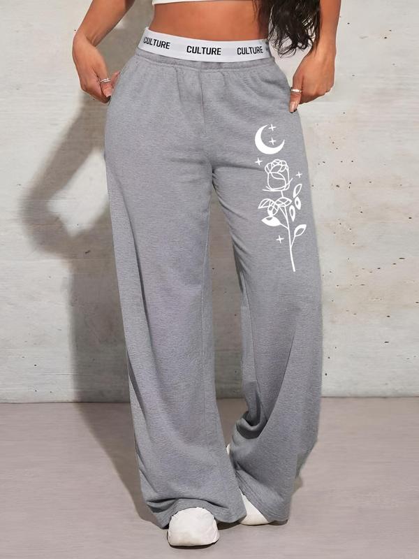Women's Floral Print Pocket Wide Leg Sweatpants, Casual Comfy Trousers for Daily Wear, Ladies Bottoms for All Seasons