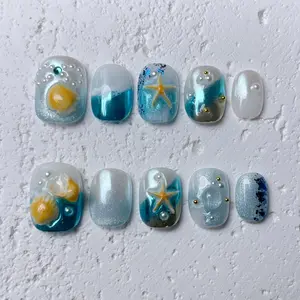 [Ocean Pearl] Short Square Handmade Press on Nails, Fake Nails with Nail tool kit with Jelly Stickers, Reusable, Durable