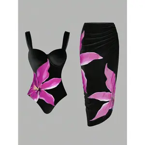 Women's Black & Purple Floral Underwire One Piece Swimsuit + Ruched Sarong Set, Sexy Hot Girl Style Vacation Swimwear