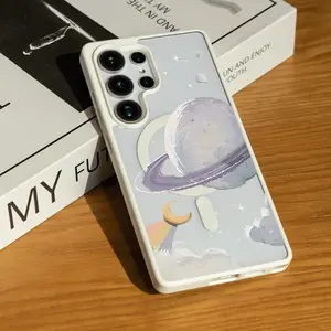 Dreamy Watercolor Space Planets Pattern Matte Magnetic Phone Case for SAMSUNG S22/S23/S24/S25/FE/ULTRA/PLUS Series, Anti-slip & Anti-fall & Strong Magnetic Adsorption Acrylic Fingerprint Wireless Smartphone