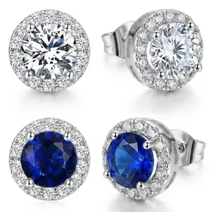 2 pairs Royal Blue Sapphire Color Halo Stud Earrings 5A+ Round Zirconia Sparkle Studs Hypoallergenic Elegant Blue Jewelry for Women Anniversary Engagement Gift men's stainless steel