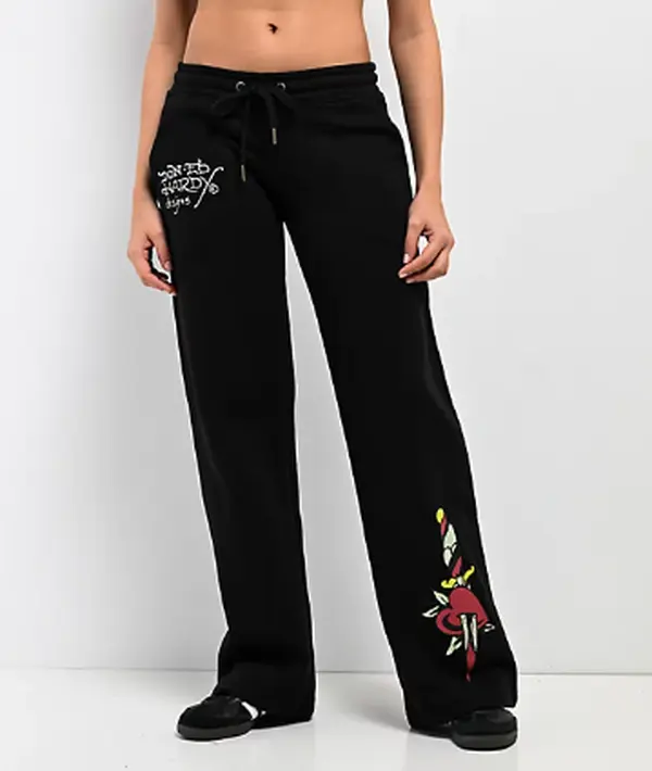 Ed Hardy Dagger Heart Black Wide Leg Sweatpants