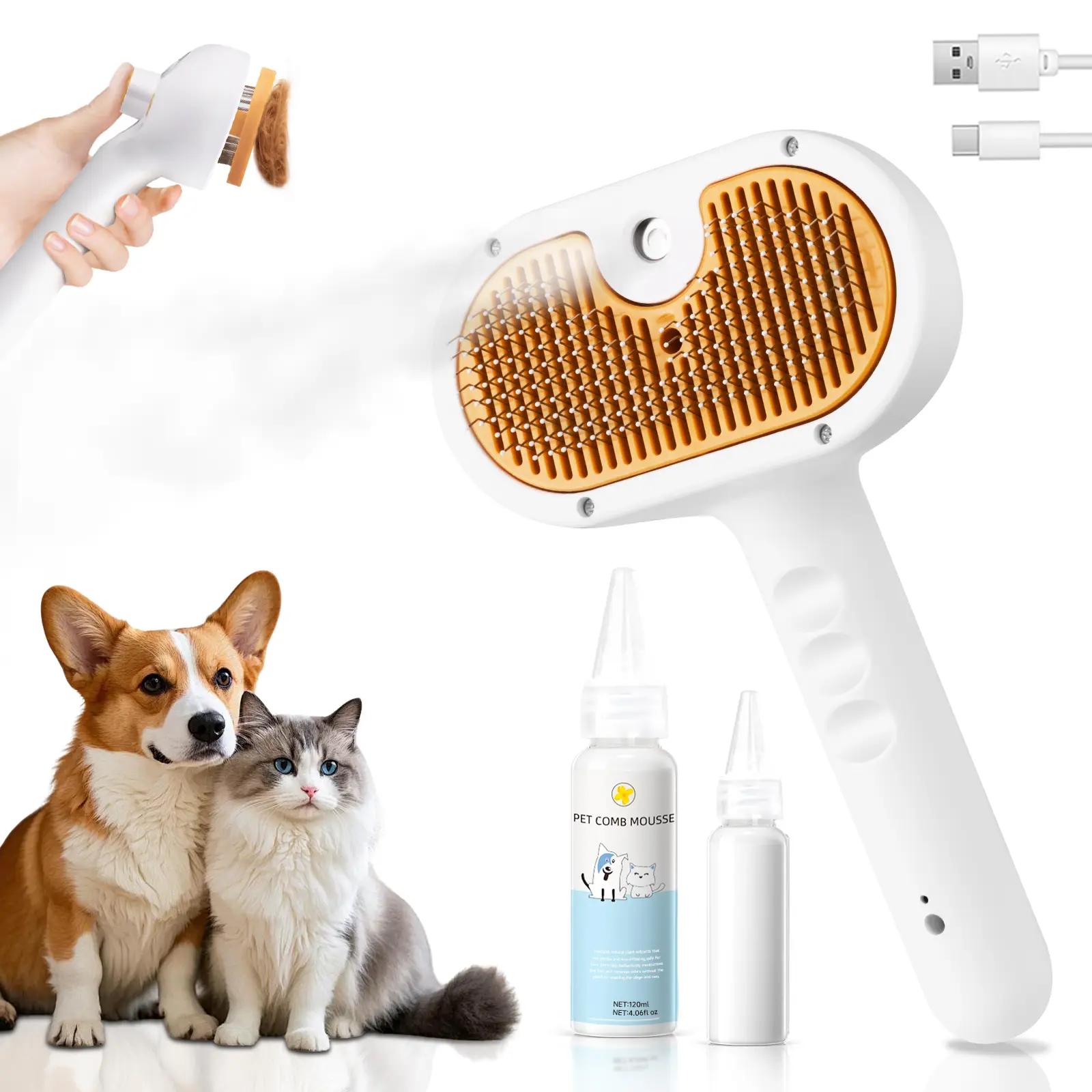 Pet Hair Remover Steam Brush,3-In-1 multifunctional Brush,Dog Cat Comb,Beauty And Deshedding Brush,With One-Click Release Button And Waterless Shampoo